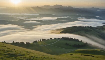 Fototapeta premium Beautiful aerial View of hilly landscape in morning mist with sun rays