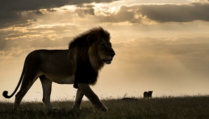 Silhoutte of a lions walking throught the grassy plain savanna, evening time, dark, sunset