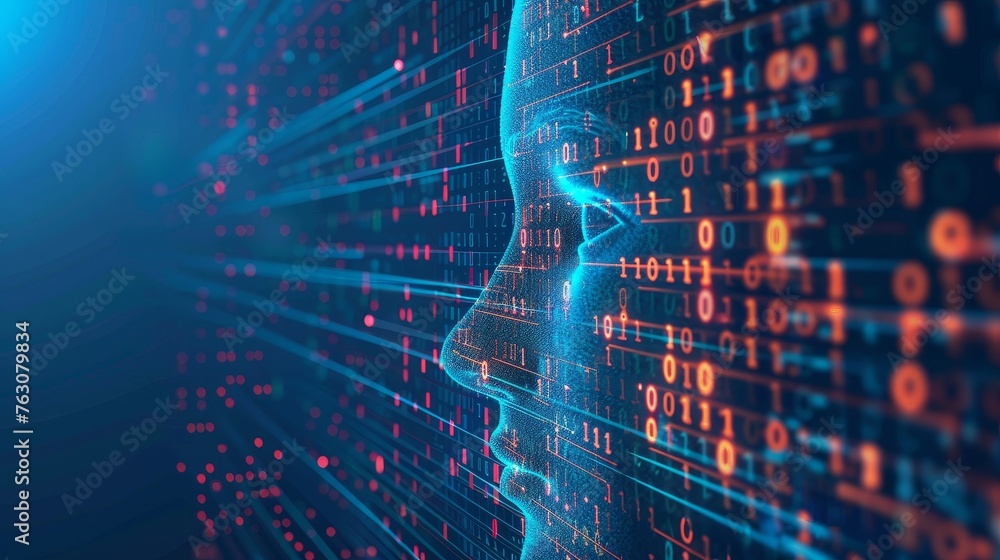 Poster Artificial Intelligence (AI). Binary code. Digital transformation concept.