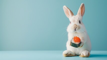 White Easter bunny with sushi on blue background, copy space