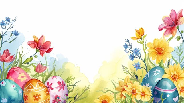 Easter greeting card with colorful eggs and spring flowers, white background with copy space