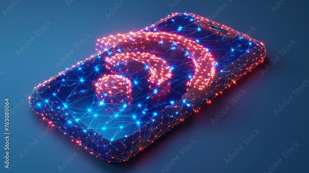 Poster the concept of internet access with a blue mobile phone with wi-fi symbol. low poly style design wit