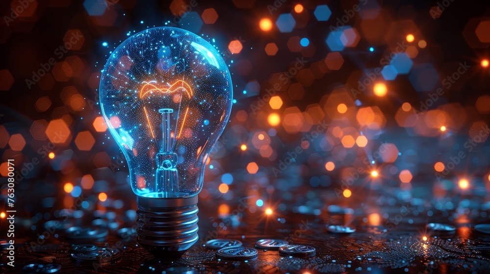 Leinwandbilder A blue glowing light bulb with coins inside. The design is low poly style. Abstract geometric background. Wireframe light connection structure. Modern 3D graphic concept. Modern illustration.