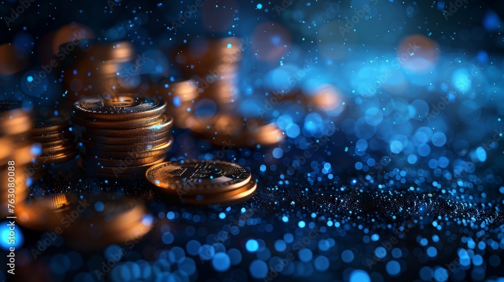 Leinwandbilder the concept of saving money with an abstract coin pile with falling coins. blue geometric background