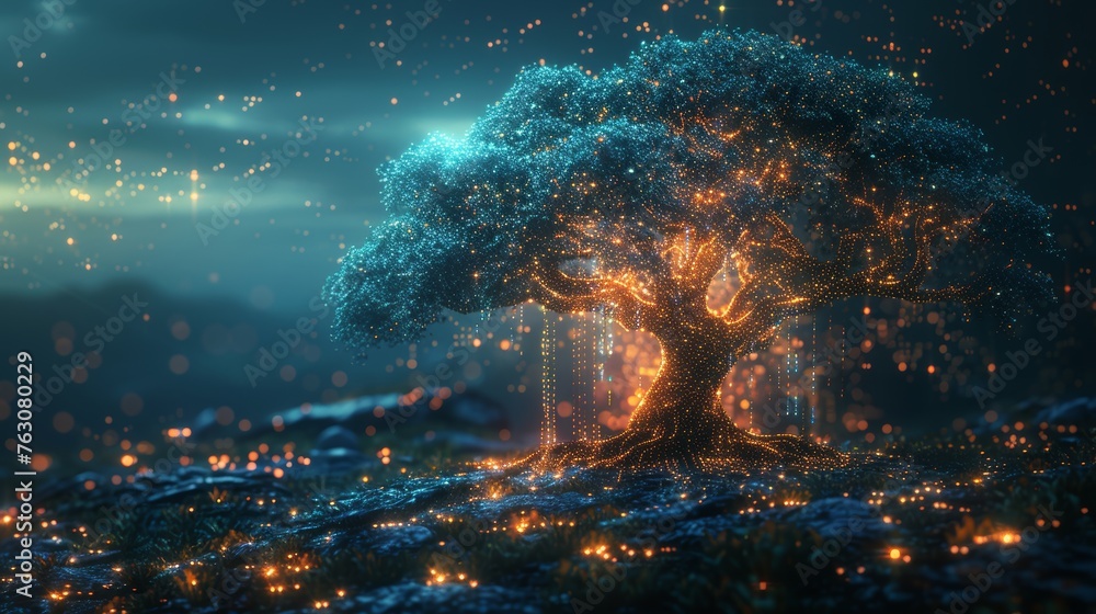 Poster Poster for educational program for children. Technology training for teenagers. Modern illustration of a digital tree with sprouts and binary code.