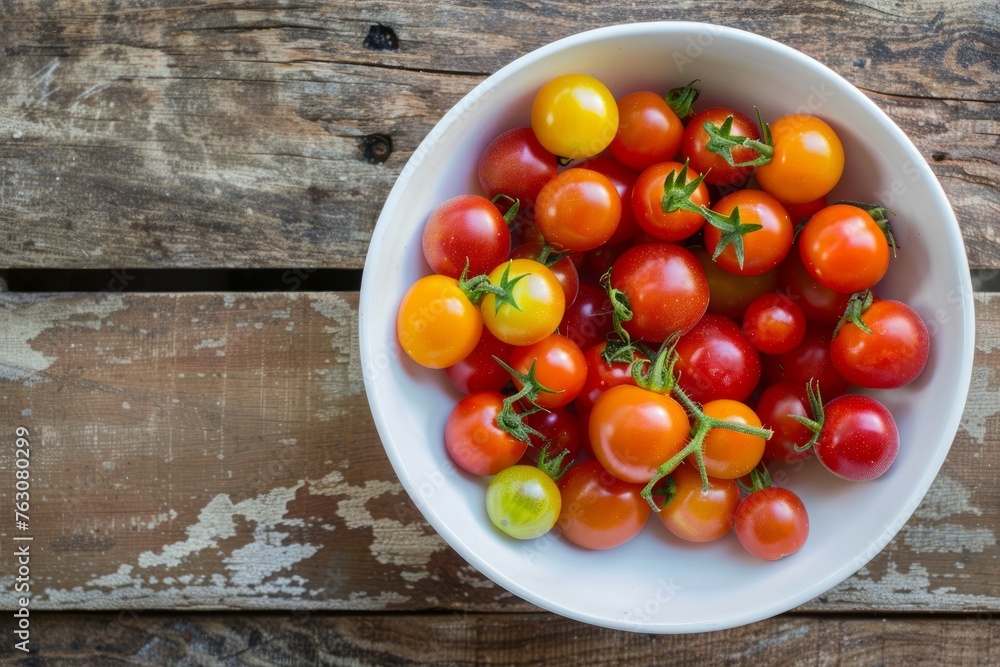 Wall mural Overhead shot of organic, heirloom baby tomatoes in a white bowl on a rustic wood table.