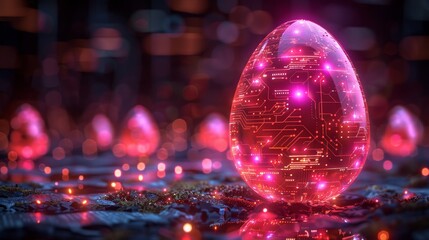 Easter egg in tech futuristic style. Greeting card with abstract 3d egg and circuit board texture. Glowing digital modern image.