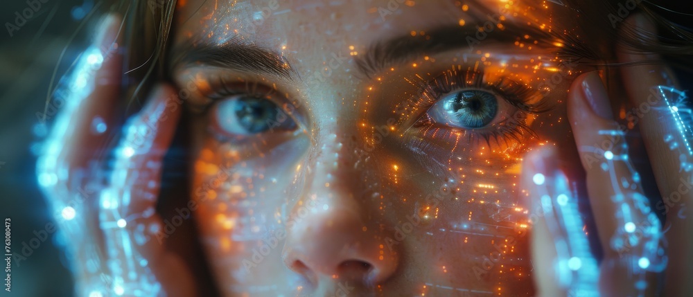 Aufkleber Man uses AI technology for smart robots, Artificial Intelligence. Enter command prompt for generating something, Future technology transformation. Chat with AI.