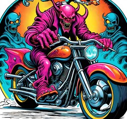 a bright colored cartoon of an evil devil riding a fictional unbranded motorcycle. motorcycle gang logo. Suitable for a t-shirt design.