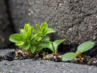 Young plants growing in a crevice of an asphalt jungle.
