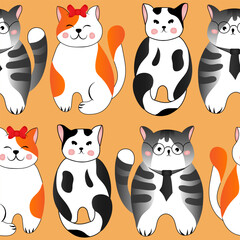 Seamless pattern with cute red and grey cats on orange background. Vector illustration for children.