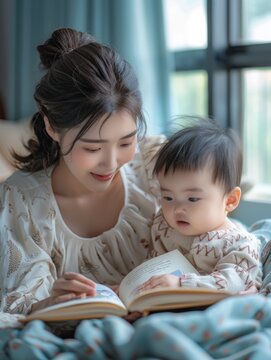 A young mother, with her hair tied up, shares a moment of bonding with her infant by reading from a storybook