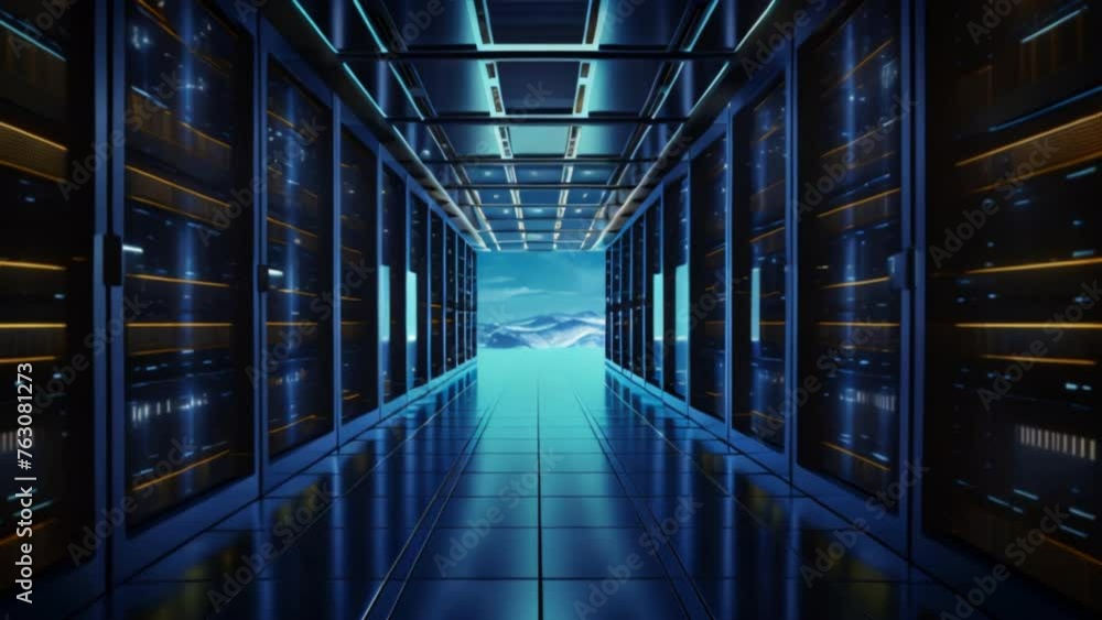 Poster corridor in working data center full of rack servers and supercomputers with internet connection