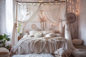 Dreamy atmosphere with a canopy bed draped in gauzy fabric, Moroccan poufs, and dreamcatchers. - obrazy, fototapety, plakaty