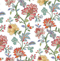 seamless floral  chintz pattern for design prints with green leaves an pink an white blue flowers 