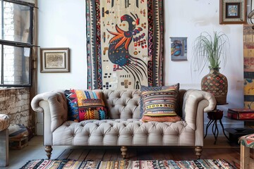 Eclectic mix of patterns and textures, including a tufted sofa, ethnic-inspired textiles, and quirky art pieces.