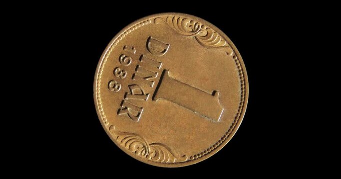 Reverse of Yugoslavia coin 1 dinar 1938, isolated in black background. Seamless animation in 4k resolution video.