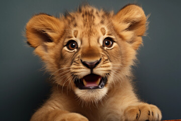 Close-up Portrait of Young Lion Cub Against Dark Blue Background, A Captivating Glimpse into the Majesty of Wildlife