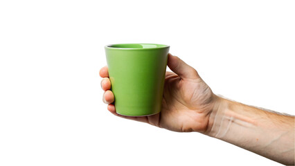 Obraz premium Hand holding on green cup. isolated on transparent background.