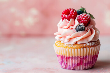 Copy space of a cupcake, sweet pastry with strawberry cream with raspberries in a breakfast space