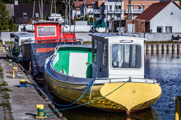 Fishing boat in port in Katy Rybackie village on the Vistula Bay coast, Poland