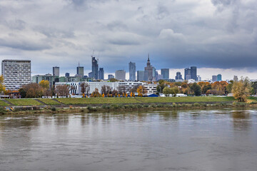 Cityscape of Warsaw downtown and Vistula River, Poland