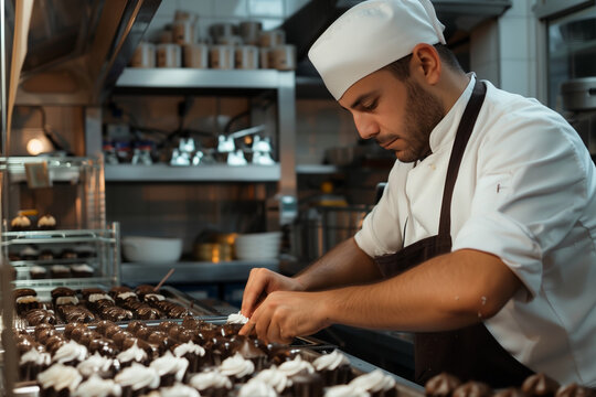 Pastry cook, man making chocolate bonbons with copy space in an industrial kitchen - Powered by Adobe