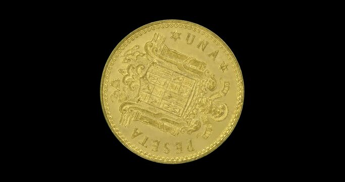 Reverse of Spain coin 1 peseta 1975, isolated in black background. Loopable animation in 4k resolution video.