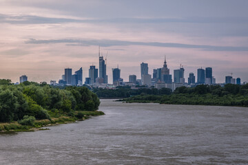 City downtown seen from Siekierkowski Bridge over Vistula River in Warsaw, Poland