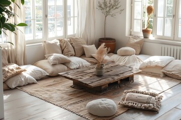 Fototapeta na wymiar Serene oasis with a neutral color palette, oversized floor cushions, and a reclaimed wood coffee table.