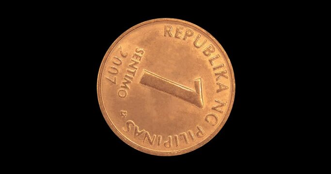 Reverse of Philippines coin 1 sentimo 2007, isolated in black background. Seamless animation in 4k resolution video.