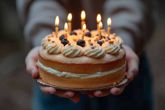 Pastry cake, holding a small birthday dessert with lighted candles made of sponge cake and pastry cream