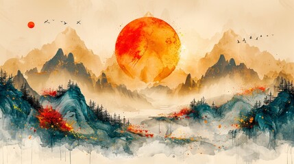 Hand-painted landscape painting, Chinese style, artistic conception, golden texture. Ink landscape painting. Modern art. Prints, wallpapers, posters, murals, carpets.