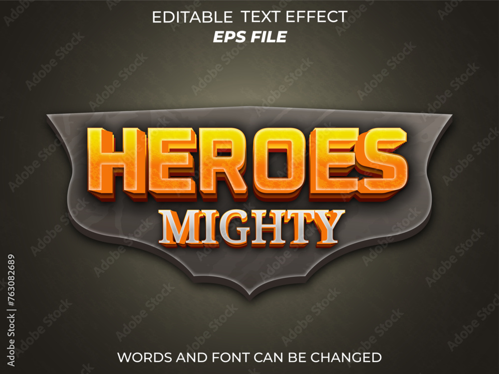 Poster heroes mighty text effect, font editable, typography, 3d text. vector template