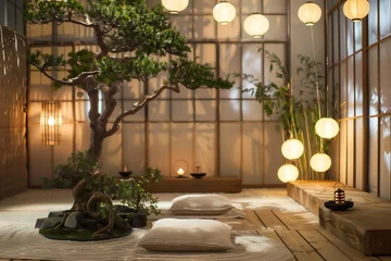 Selbstklebende Fototapeten Zen-inspired space with a Japanese tatami mat, bonsai tree, and paper lanterns. © Tahira