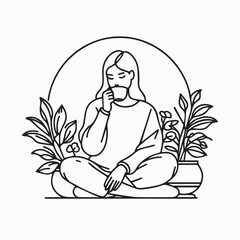 a girl drinking tea, minimal design, outline with solid fill color, background white vector illustration line art