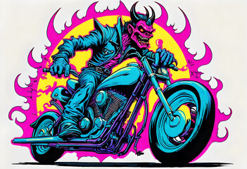 Fototapeta premium a bright colored cartoon of an evil devil riding a fictional unbranded motorcycle. motorcycle gang logo. Suitable for a t-shirt design.