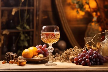 Fototapeta na wymiar Authentic Georgian amber wine served in a traditional glass with a rustic aesthetic.