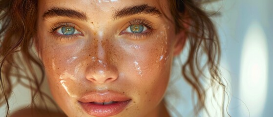 The young woman with a beautiful complexion is applying skincare product to her skin while hydrating. - obrazy, fototapety, plakaty