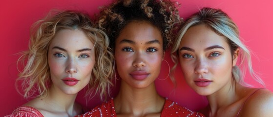 Several ethnic women with different types of skin standing together and looking at camera. Caucasian, African, and Asian women against pink background.