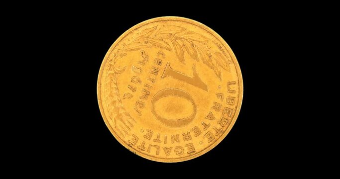 Reverse of France coin 10 centimes 1967, isolated in black background. Loopable animation in 4k resolution video.