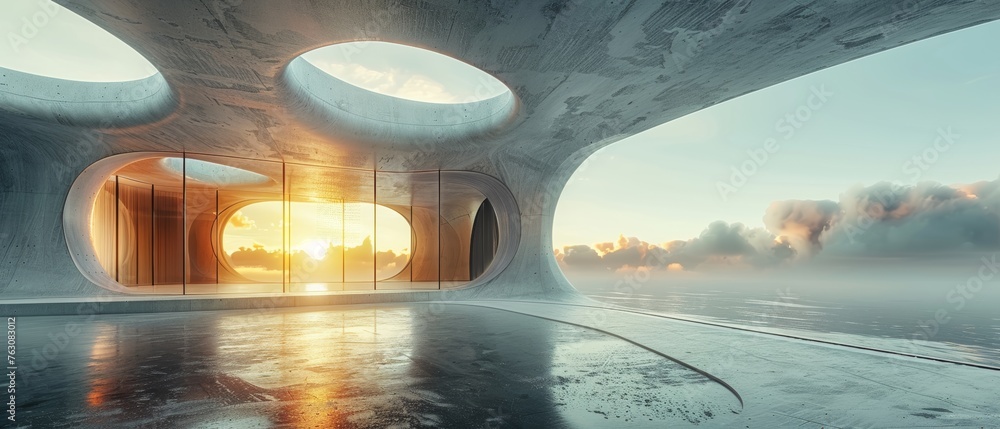 Leinwandbilder Abstract futuristic architecture rendered in 3D with an empty concrete floor mounted on a background of a car presentation.