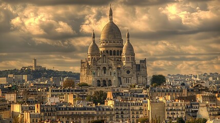 The Basilica of the Sacred Heart of Paris (or Sacre-Coeur Basilica) at the summit of butte France....