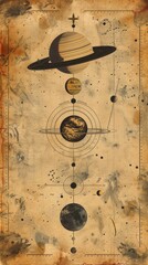 Antique Solar System Map with Detailed Planets