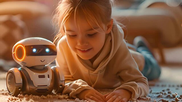 Robotic companionship: Girl and robot share playful moments.