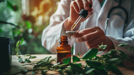 Close-up of a person's hand holding a dropper bottle and extracting a liquid, possibly essential oil, against a backdrop of green plants, indicating a setting that might be related to natural medicine - obrazy, fototapety, plakaty