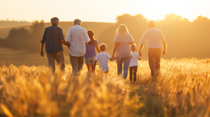 A family of six is walking through a field of tall grass