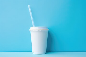 A single-use white plastic cup with a straw against a blue background. Say No to Plastic with Reusable Cup