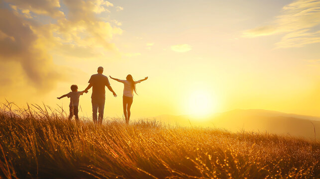 A family of three, a man, a woman and a child