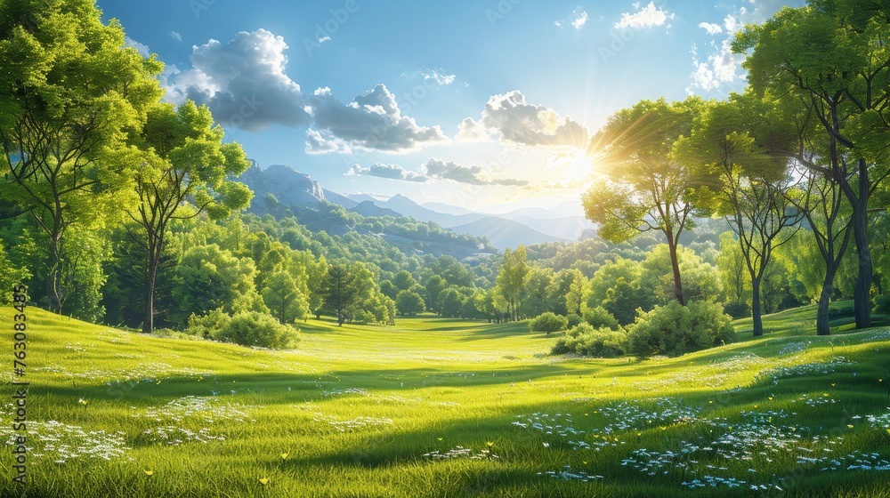 Poster A tranquil background with green grass and trees in a spring landscape.
